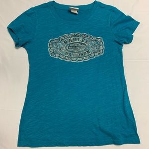 Harley-Davidson womens tank with rhinestone Harley detail. Blue/teal in color.